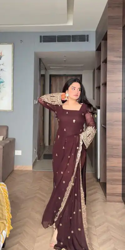 ZSR 3156 Brown Georgette Salwar Suit with Embroidery Work. Wedding, Party, Festive, Events, Grab it for ₹2049. Delivery 4-6 Working Days. Shop now. | Jump Suits, Tops & Bottoms, Track Suits, Salwar suit, Casual Suits, Creative suits, Designer Suits, Palazzo Suits, Party Wear Suits, Patiala Suits, Straight Suits, Trendy Wear