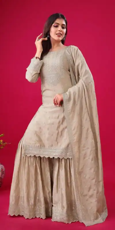 Cream Chinon Silk Sequence Work Salwar Suit