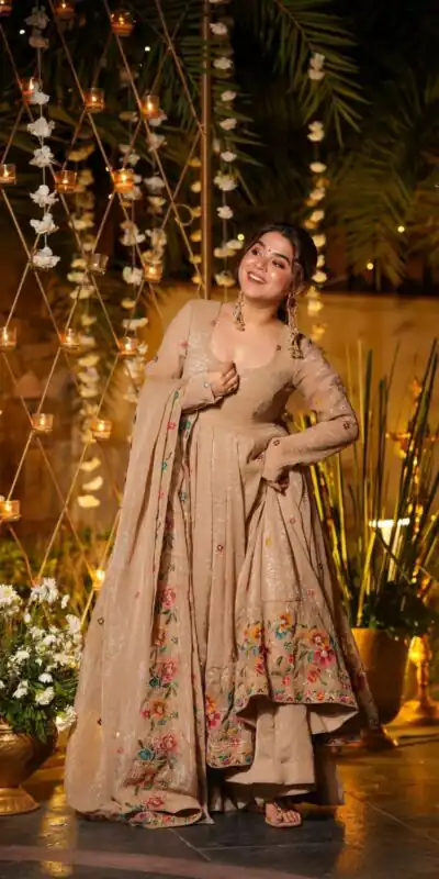 NSR 880 Cream Crunchy Silk Gown with Embroidery Work. Wedding, Party, Festive, Events Grab it for ₹2249. Delivery 4-6 Working Days. Shop now. | Gowns, Bollywood Gowns, Creative Gowns, Designer Gowns, Embroidered Gowns, Party Wear Gowns