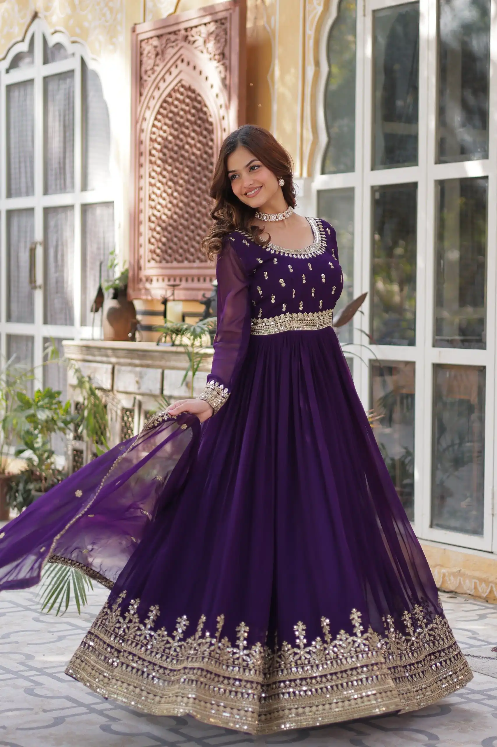 KA 1144 Dark Purple Faux Blooming Gown with Embroidery Work & Zari Work. Exclusive Offer ₹2449. Delivery 4-6 Working Days. Shop now. | Gowns, Bollywood Gowns, Creative Gowns, Designer Gowns, Embroidered Gowns, Party Wear Gowns