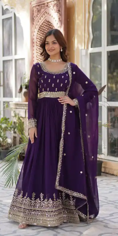 KA 1144 Dark Purple Faux Blooming Gown with Embroidery Work & Zari Work. Exclusive Offer ₹2449. Delivery 4-6 Working Days. Shop now. | Gowns, Bollywood Gowns, Creative Gowns, Designer Gowns, Embroidered Gowns, Party Wear Gowns