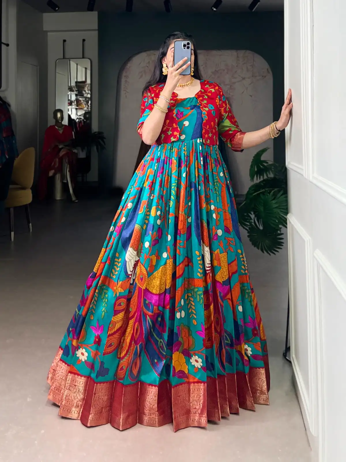 YNF 5035 Firozi in Taser Silk Zari Work & Kalamkari Print Gown . Available at ₹1799 only. Delivery 4-6 Working Days. Shop now. | Gowns, Bollywood Gowns, Creative Gowns, Designer Gowns, Embroidered Gowns, Party Wear Gowns