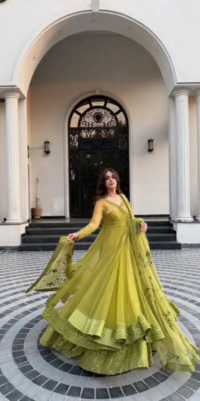 RTC 5895 Green Butterfly Net Lehenga Choli with Designer Work. Affordable Price ₹2599. Delivery 4-6 Working Days. Shop now. | Lehenga, Bollywood Lehenga, Creative Lehenga, Designer Lehenga, Embroidered Lehenga, Party Wear Lehenga