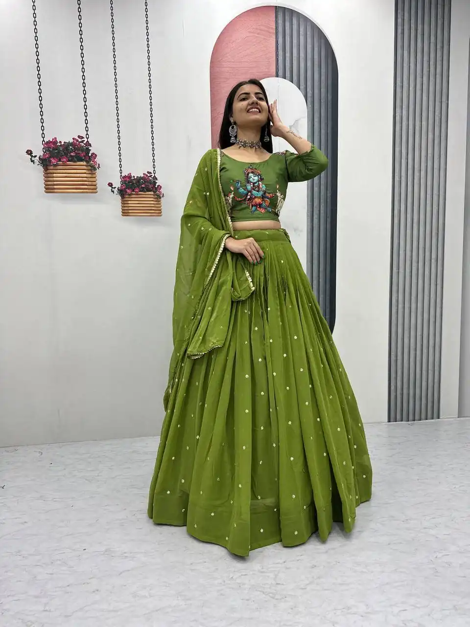 PC 541 Green Cotton Lehenga Choli with Kalamkari Print & Embroidery Work. Introductory Price ₹2099. Delivery 4-6 Working Days. Shop now. | Lehenga, Bollywood Lehenga, Creative Lehenga, Designer Lehenga, Embroidered Lehenga, Party Wear Lehenga