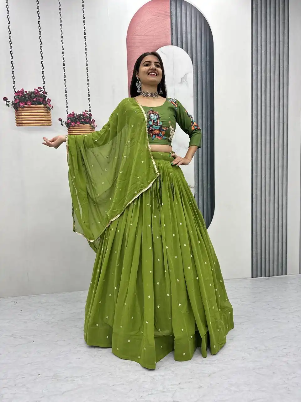 PC 541 Green Cotton Lehenga Choli with Kalamkari Print & Embroidery Work. Introductory Price ₹2099. Delivery 4-6 Working Days. Shop now. | Lehenga, Bollywood Lehenga, Creative Lehenga, Designer Lehenga, Embroidered Lehenga, Party Wear Lehenga