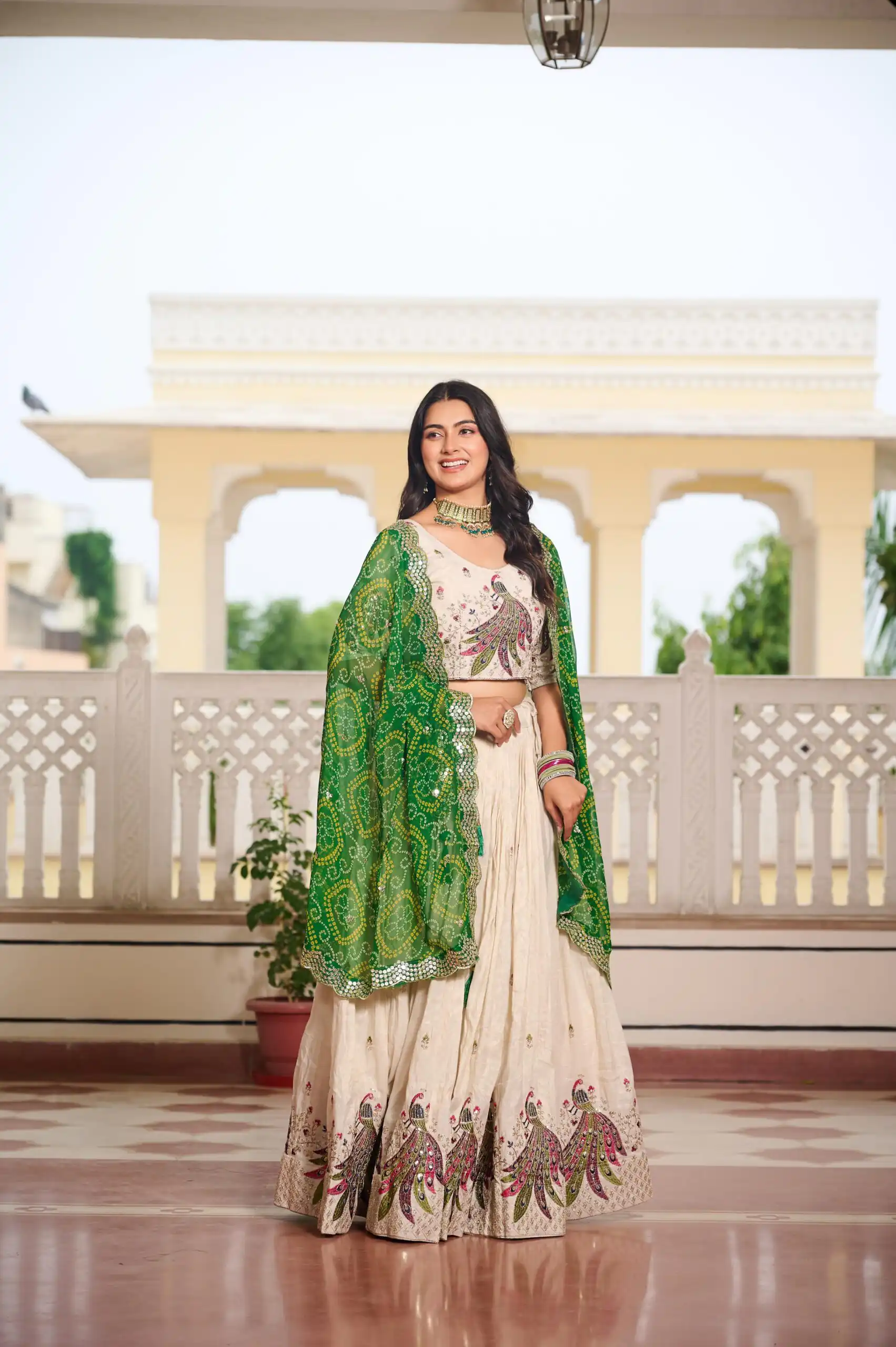 Green Pure Tissue Silk Embroidery Work Lehenga Choli - Image 2