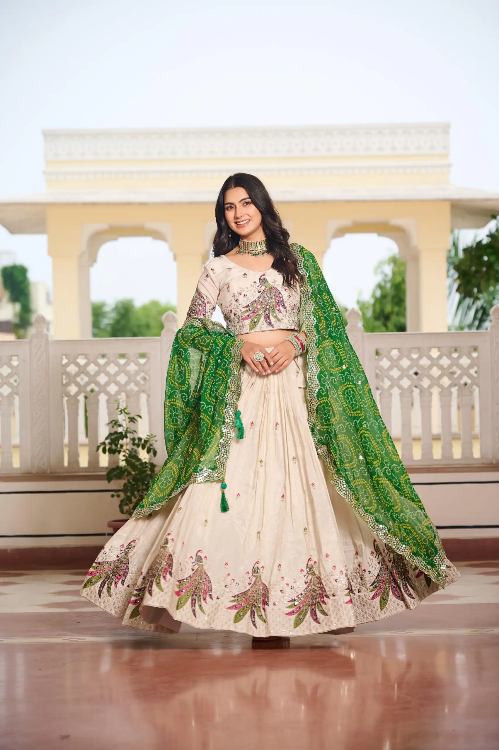 Green Pure Tissue Silk Embroidery Work Lehenga Choli