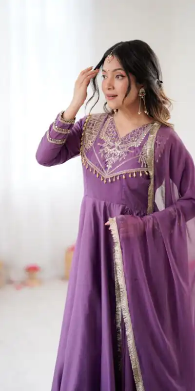 ZSR 3149 Lavender Roman silk Gown Perfect for Wedding, Party, Sangeet, Haldi, Lohri – . Introductory Price ₹2099. Delivery 4-6 Working Days. Shop now. | Gowns, Bollywood Gowns, Creative Gowns, Designer Gowns, Embroidered Gowns, Party Wear Gowns