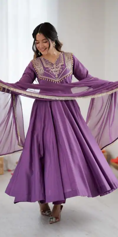 ZSR 3149 Lavender Roman silk Gown Perfect for Wedding, Party, Sangeet, Haldi, Lohri – . Introductory Price ₹2099. Delivery 4-6 Working Days. Shop now. | Gowns, Bollywood Gowns, Creative Gowns, Designer Gowns, Embroidered Gowns, Party Wear Gowns
