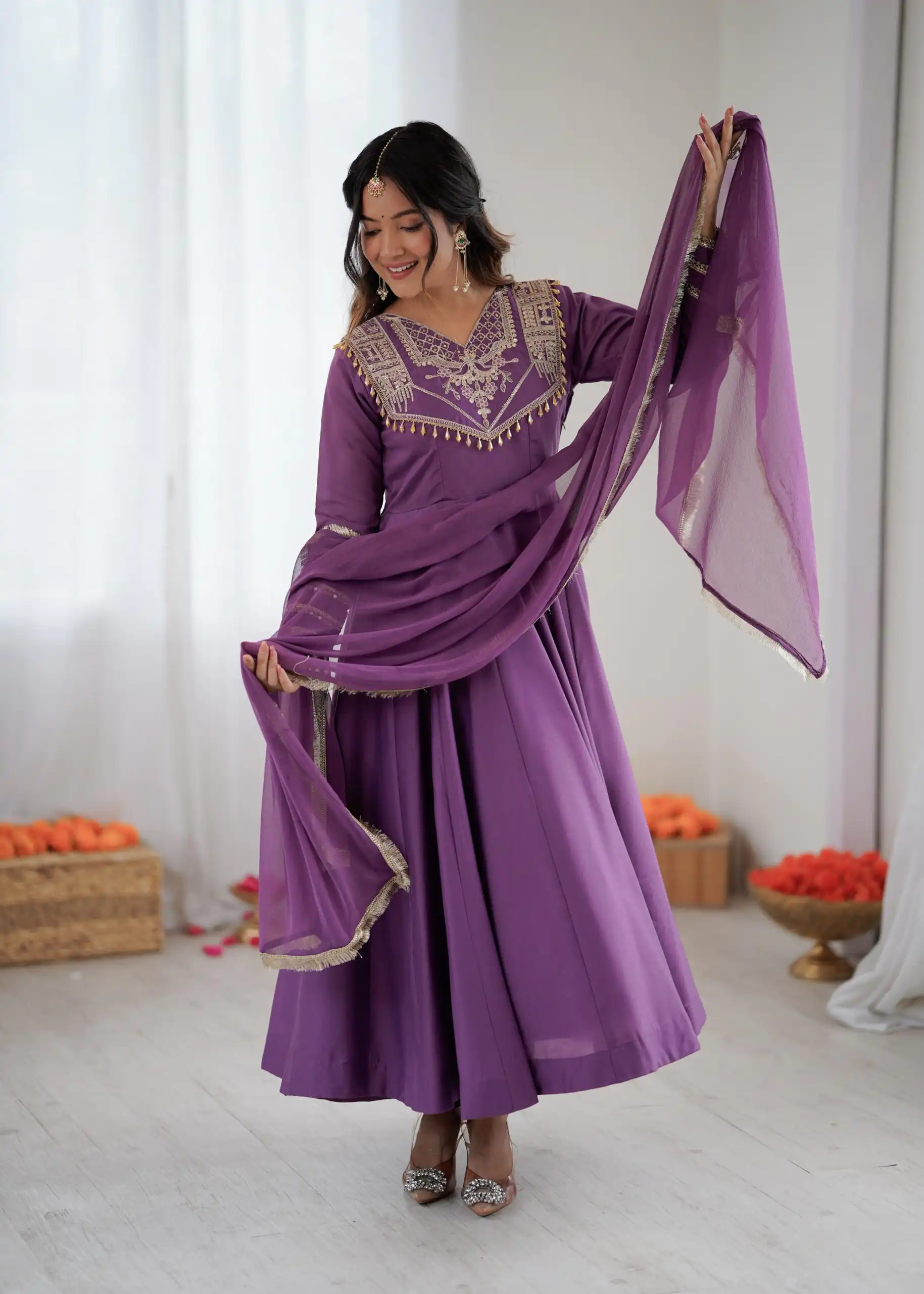 ZSR 3149 Lavender Roman silk Gown Perfect for Wedding, Party, Sangeet, Haldi, Lohri – . Introductory Price ₹2099. Delivery 4-6 Working Days. Shop now. | Gowns, Bollywood Gowns, Creative Gowns, Designer Gowns, Embroidered Gowns, Party Wear Gowns