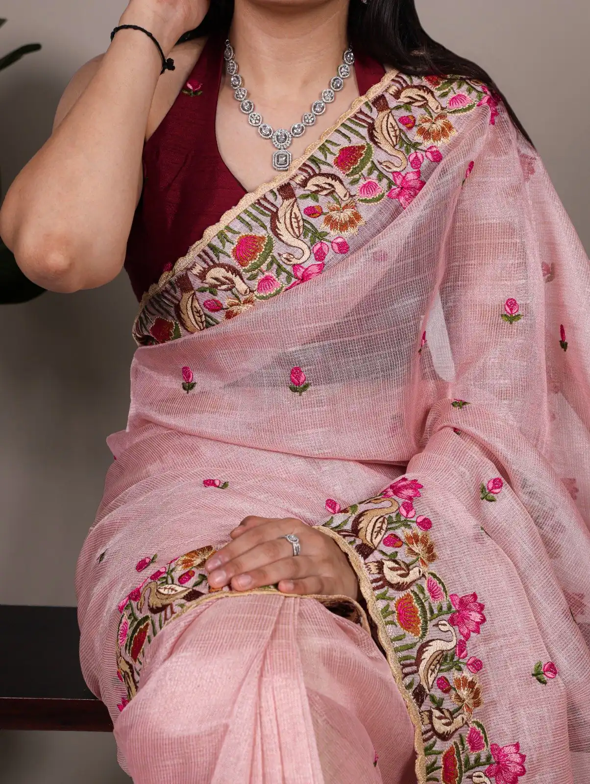 Light Pink Zari Kota Tissue Embroidery Zari Work Saree - Image 2
