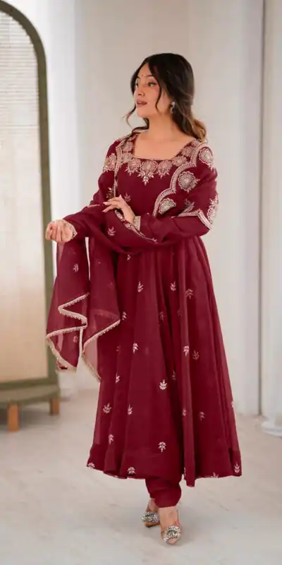 ZF 5011 Maroon Crunchy Silk Gown with Embroidery Work. Wedding, Party, Festive, Events Best Price ₹2099. Delivery 4-6 Working Days. Shop now. | Gowns, Bollywood Gowns, Creative Gowns, Designer Gowns, Embroidered Gowns, Party Wear Gowns