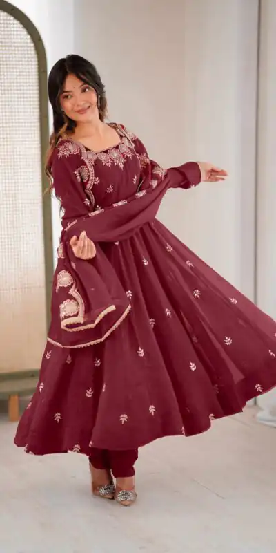 Maroon Crunchy Silk Embroidery Work Gown