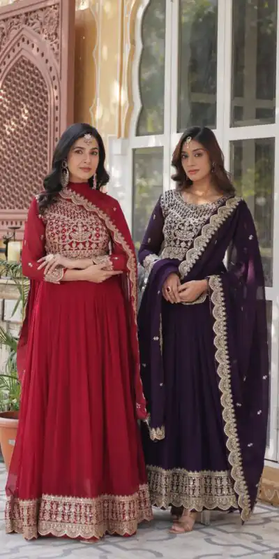 KA 1137 Maroon Faux Blooming Gown with Embroidery Work & Zari Work. Best Price ₹2599. Delivery 4-6 Working Days. Shop now. | Gowns, Bollywood Gowns, Creative Gowns, Designer Gowns, Embroidered Gowns, Party Wear Gowns