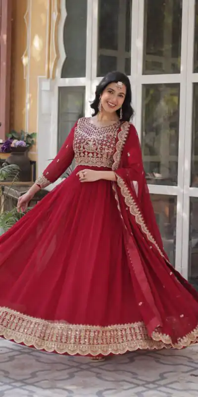 KA 1137 Maroon Faux Blooming Gown with Embroidery Work & Zari Work. Best Price ₹2599. Delivery 4-6 Working Days. Shop now. | Gowns, Bollywood Gowns, Creative Gowns, Designer Gowns, Embroidered Gowns, Party Wear Gowns