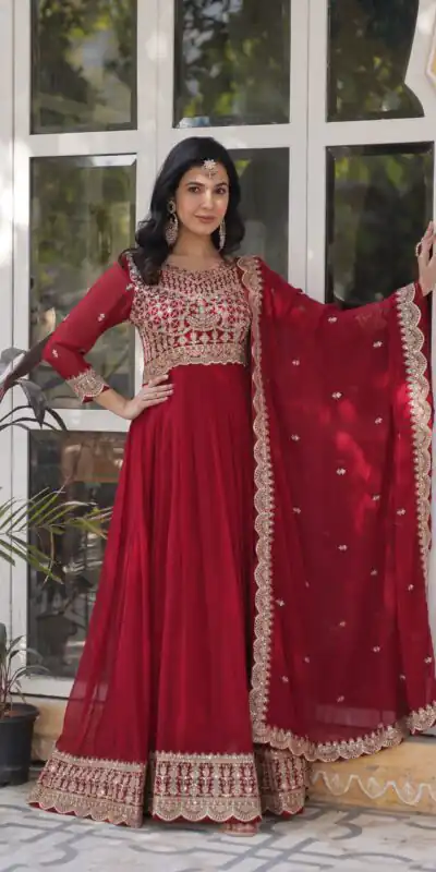 KA 1137 Maroon Faux Blooming Gown with Embroidery Work & Zari Work. Best Price ₹2599. Delivery 4-6 Working Days. Shop now. | Gowns, Bollywood Gowns, Creative Gowns, Designer Gowns, Embroidered Gowns, Party Wear Gowns