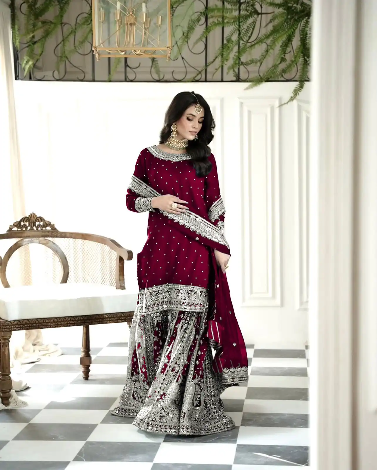 Maroon Faux Georgette Embroidery Rivet Moti Work Salwar Suit - Image 2
