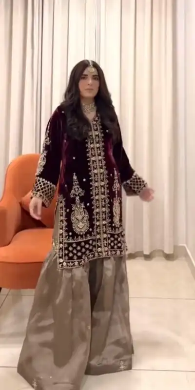 Maroon Heavy Velvet Embroidery Work Salwar Suit