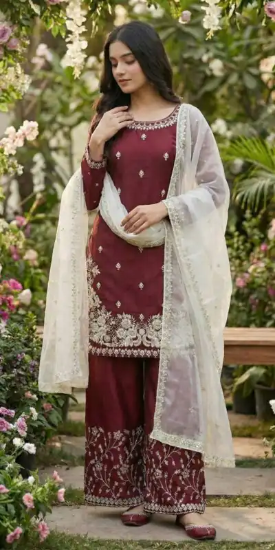 Maroon Organza Silk Salwar Suit ZSR 3157 Maroon with Lace Work & Embroidery Work. Introductory Price ₹2149. Delivery 4-6 Working Days. Shop now. | Jump Suits, Tops & Bottoms, Track Suits, Salwar suit, Casual Suits, Creative suits, Designer Suits, Palazzo Suits, Party Wear Suits, Patiala Suits, Straight Suits, Trendy Wear