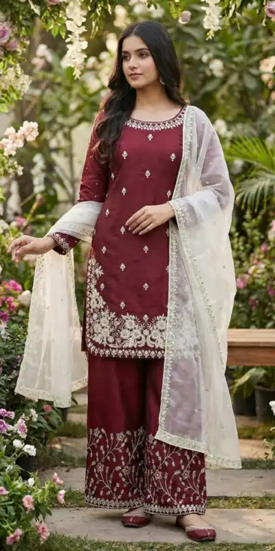 Maroon Organza Silk Salwar Suit ZSR 3157 Maroon with Lace Work & Embroidery Work. Introductory Price ₹2149. Delivery 4-6 Working Days. Shop now. | Jump Suits, Tops & Bottoms, Track Suits, Salwar suit, Casual Suits, Creative suits, Designer Suits, Palazzo Suits, Party Wear Suits, Patiala Suits, Straight Suits, Trendy Wear
