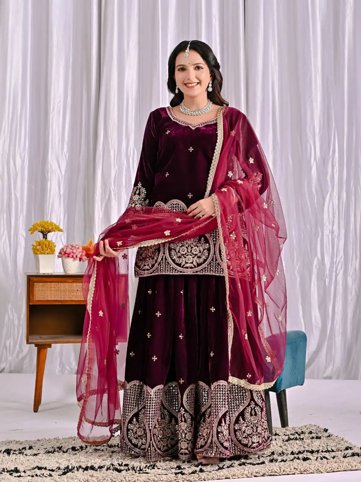 Maroon Pure Viscous Velvet Embroidery Work Salwar Suit - Image 2