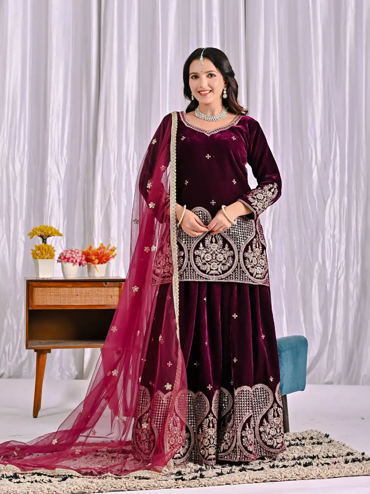 Maroon Pure Viscous Velvet Embroidery Work Salwar Suit