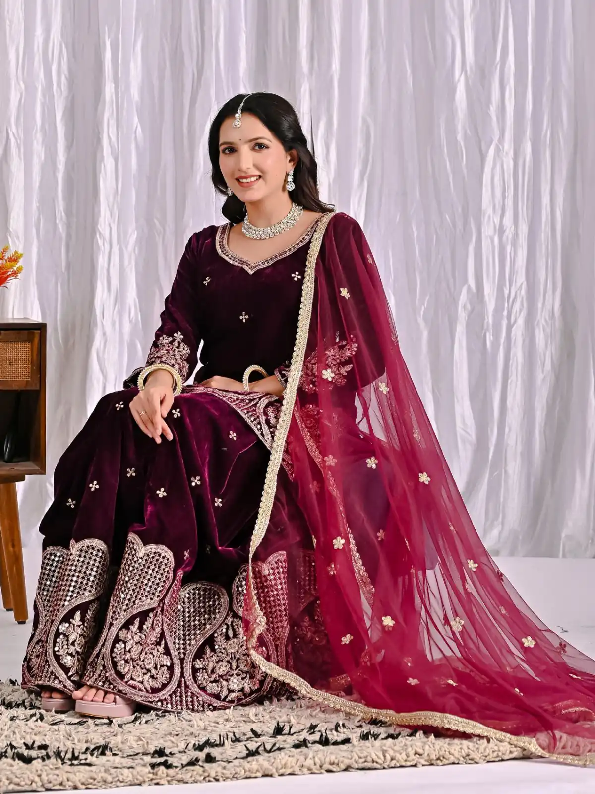 Maroon Pure Viscous Velvet Embroidery Work Salwar Suit - Image 10