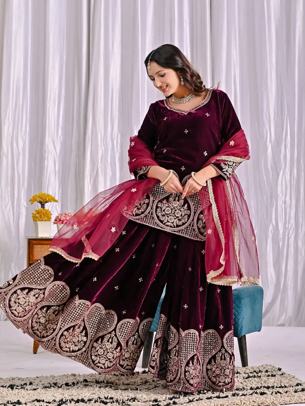 Maroon Pure Viscous Velvet Embroidery Work Salwar Suit - Image 8