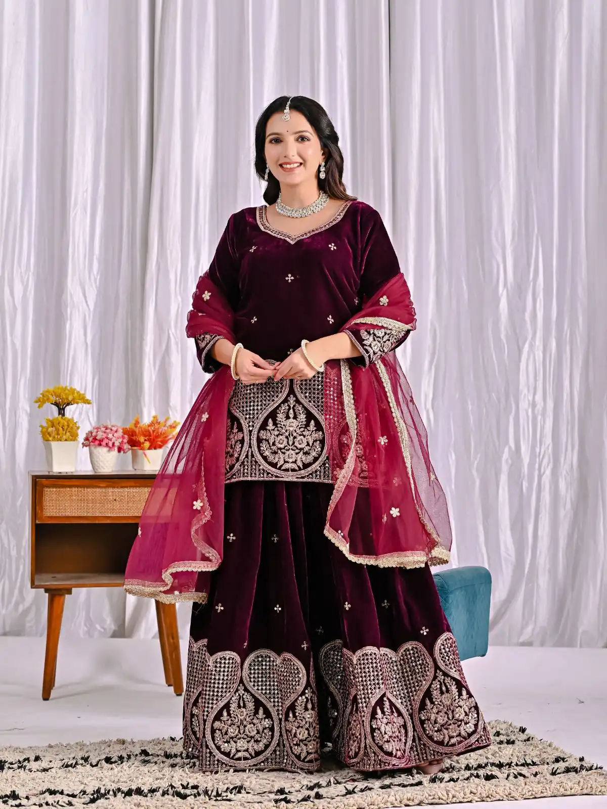 Maroon Pure Viscous Velvet Embroidery Work Salwar Suit - Image 6