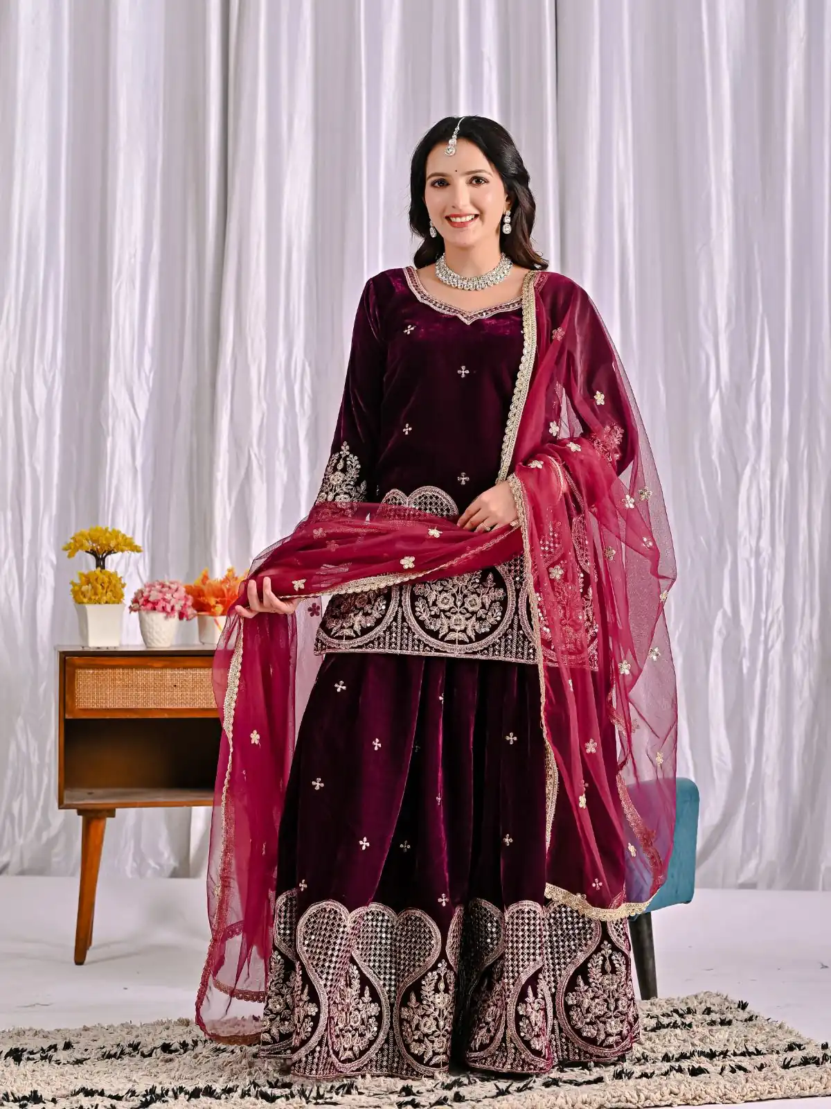 Maroon Pure Viscous Velvet Embroidery Work Salwar Suit - Image 3