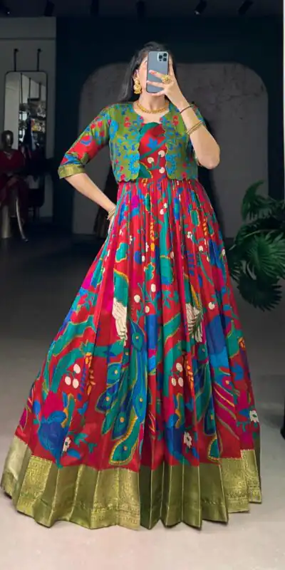 Maroon Taser Silk Zari Work Kalamkari Print Gown