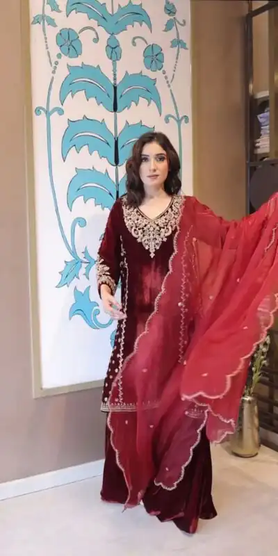 Maroon Velvet Embroidery Work Salwar Suit
