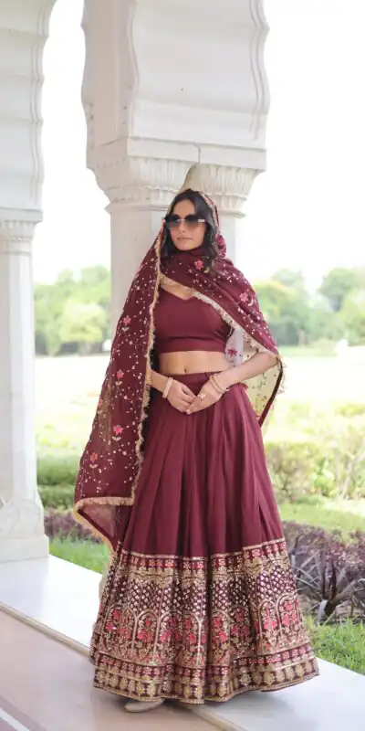 KA 5051 Maroon in Vichitra Silk Embroidery Work & Sequins Work Lehenga Choli . Now at just ₹2499. Delivery 4-6 Working Days. Shop now. | Lehenga, Bollywood Lehenga, Creative Lehenga, Designer Lehenga, Embroidered Lehenga, Party Wear Lehenga