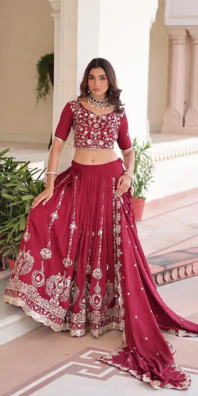 KA 5052 Maroon Vichitra Silk Lehenga Choli Perfect for Wedding, Party, Baby Shower, Cultural Events, Pooja – . Exclusive Offer ₹2599. Delivery 4-6 Wo | Lehenga, Bollywood Lehenga, Creative Lehenga, Designer Lehenga, Embroidered Lehenga, Party Wear Lehenga