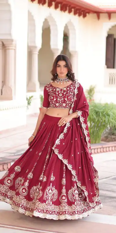 KA 5052 Maroon Vichitra Silk Lehenga Choli Perfect for Wedding, Party, Baby Shower, Cultural Events, Pooja – . Exclusive Offer ₹2599. Delivery 4-6 Wo | Lehenga, Bollywood Lehenga, Creative Lehenga, Designer Lehenga, Embroidered Lehenga, Party Wear Lehenga