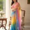 Multi Organza Embroidery Work Digital Print Saree