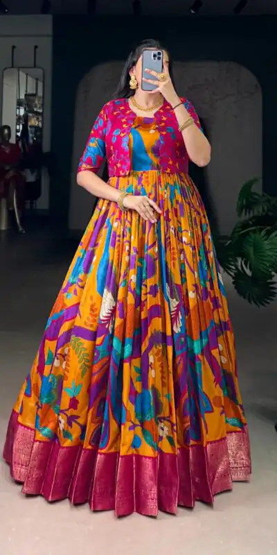 Mustard Taser Silk Zari Work Kalamkari Print Gown