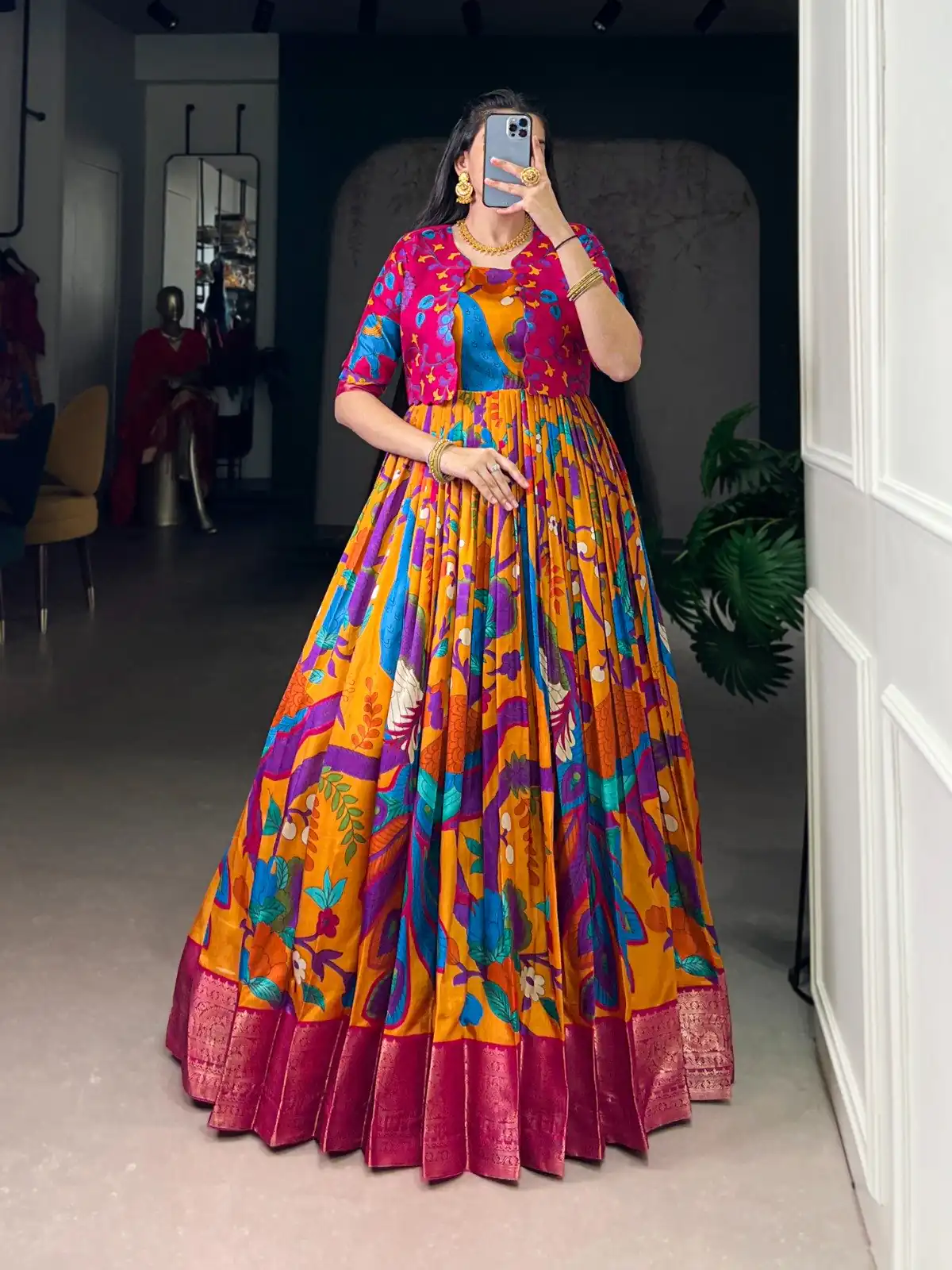 YNF 5035 Mustard in Taser Silk Zari Work & Kalamkari Print Gown . Available at ₹1799 only. Delivery 4-6 Working Days. Shop now. | Gowns, Bollywood Gowns, Creative Gowns, Designer Gowns, Embroidered Gowns, Party Wear Gowns
