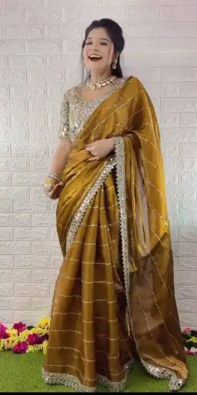 BT 413 Mustered Organza Silk Saree with Mirror Work & Embroidery Work. Introductory Price ₹1999. Delivery 4-6 Working Days. Shop now. | Sarees, Bollywood Sarees, Creative Sarees, Designer Sarees, Embroidered Sarees, Ethnic Saree, Modern Digital sarees, Party Wear Sarees