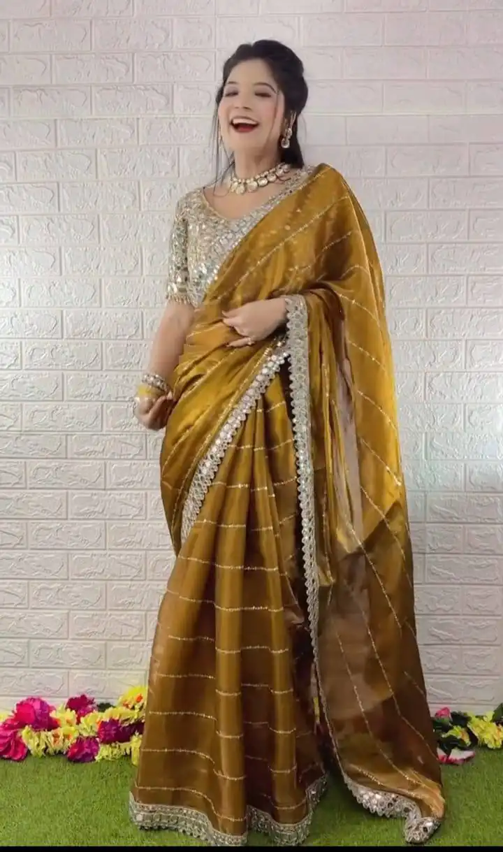 BT 413 Mustered Organza Silk Saree with Mirror Work & Embroidery Work. Introductory Price ₹1999. Delivery 4-6 Working Days. Shop now. | Sarees, Bollywood Sarees, Creative Sarees, Designer Sarees, Embroidered Sarees, Ethnic Saree, Modern Digital sarees, Party Wear Sarees