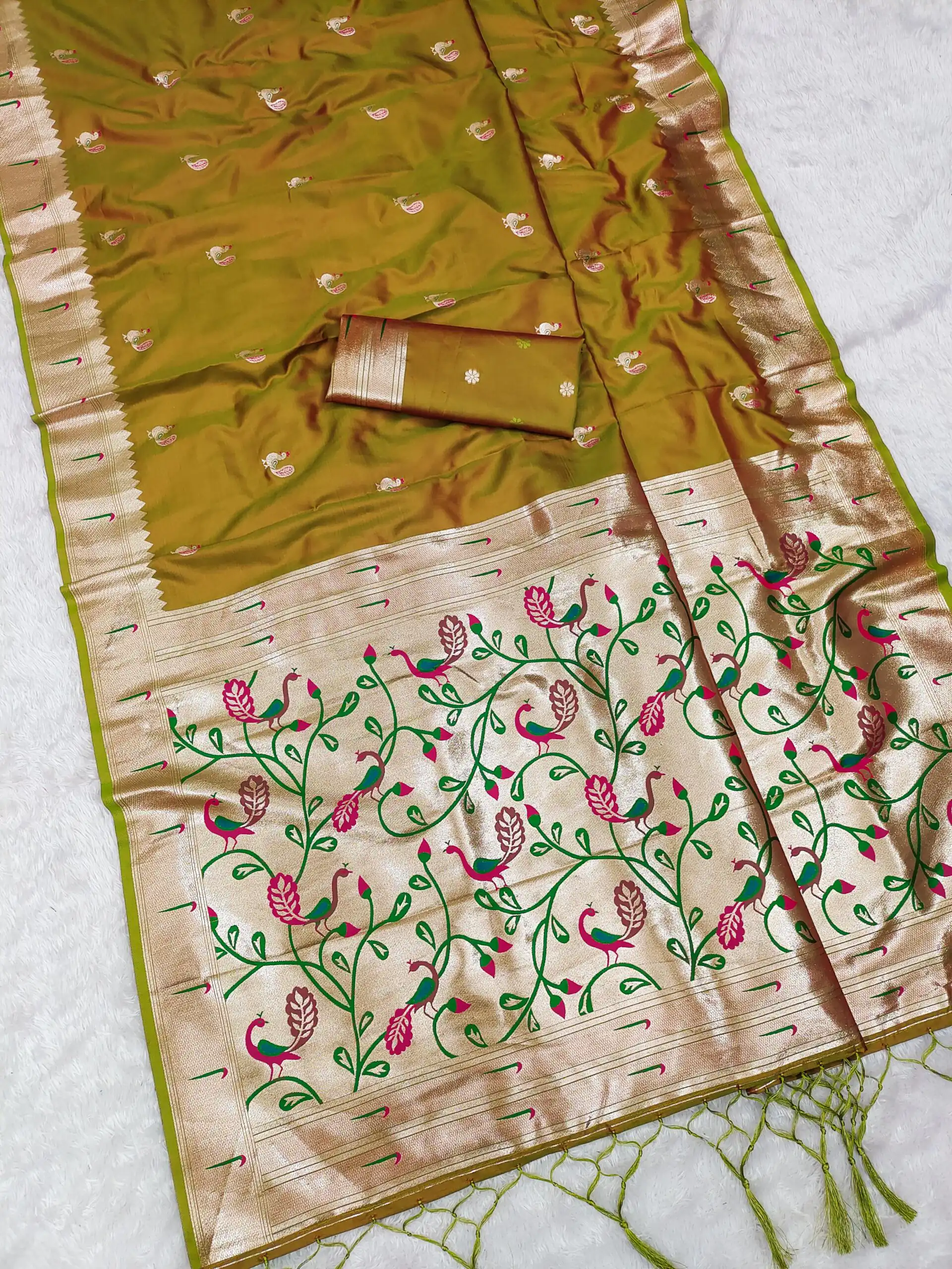 Mustered Soft Paithani Silk Lace Zari Work Saree