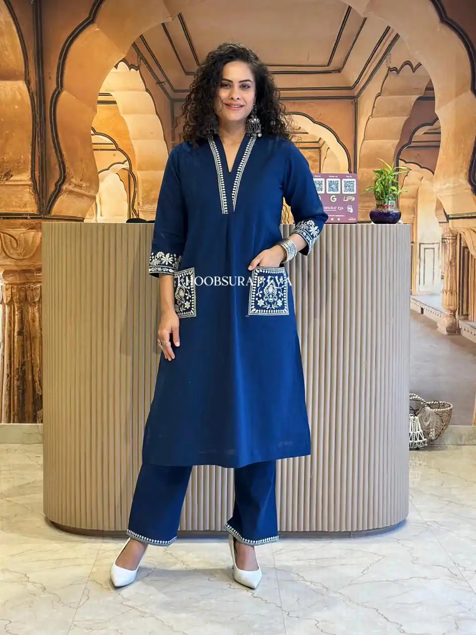 Navy Blue Cambric Cotton Embroidery Lace Work Kurti