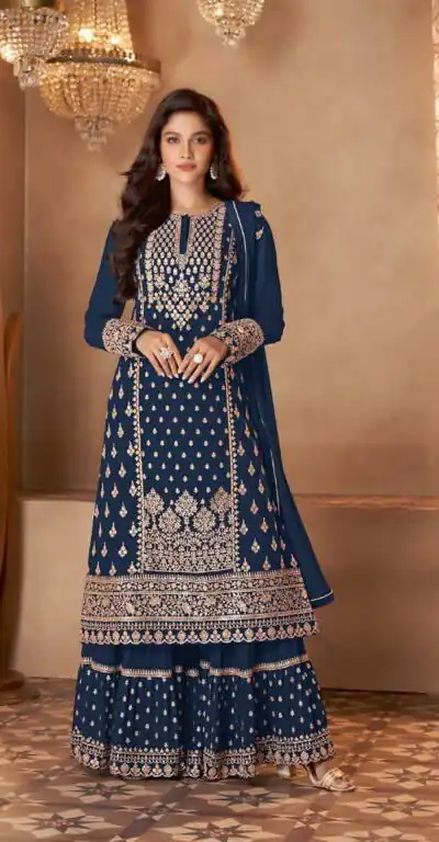 FC 128 Navy Blue Color Georgette Sequins Work Sharara Suit Wedding, Party, Festive, Events Etc. Expected DeliveryΒ 4-6 Working Days @2199/- | Jump Suits, Salwar suit, Casual Suits, Creative suits, Designer Suits, Palazzo Suits, Party Wear Suits, Patiala Suits, Straight Suits