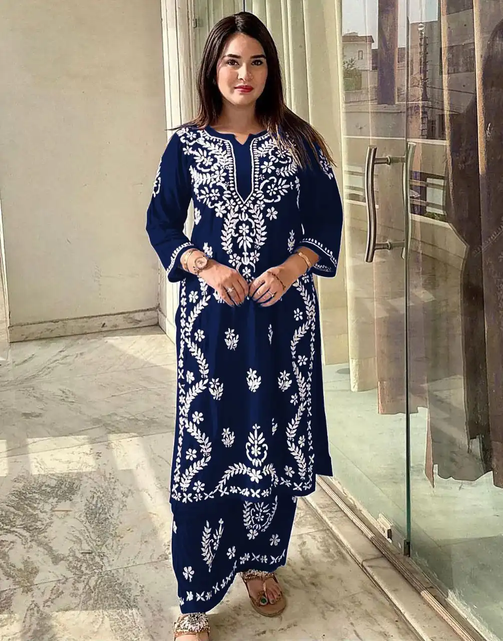 Navy Blue Rayon Wid Lakhnavi Style Work Kurti