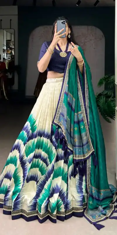 Navy Blue Taser Silk Printed Lehenga Choli