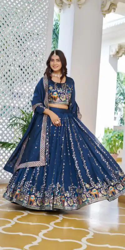 Ram 150 Navy Blue Color Vichitra Lehenga Choli with Embroidery Work. Grab it for ₹3049. Delivery 4-6 Working Days. Shop now. | Lehenga, Bollywood Lehenga, Creative Lehenga, Designer Lehenga, Embroidered Lehenga, Party Wear Lehenga
