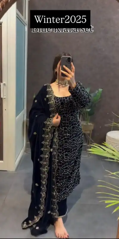 Navy Blue Viscose Velvet Thread Work Salwar Suit