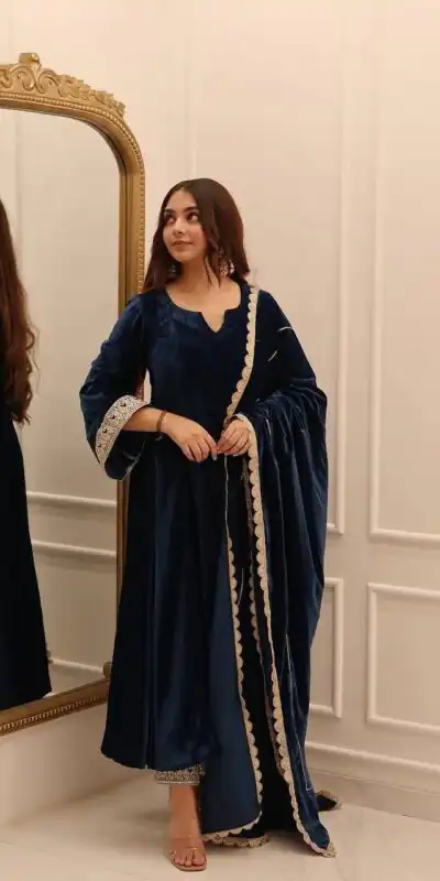 KF 1662 Navy Blue in Color Viscous Velvet Embroidery Work Gown . Exclusive Offer ₹2399. Delivery 4-6 Working Days. Shop now. | Gowns, Bollywood Gowns, Creative Gowns, Designer Gowns, Embroidered Gowns, Party Wear Gowns