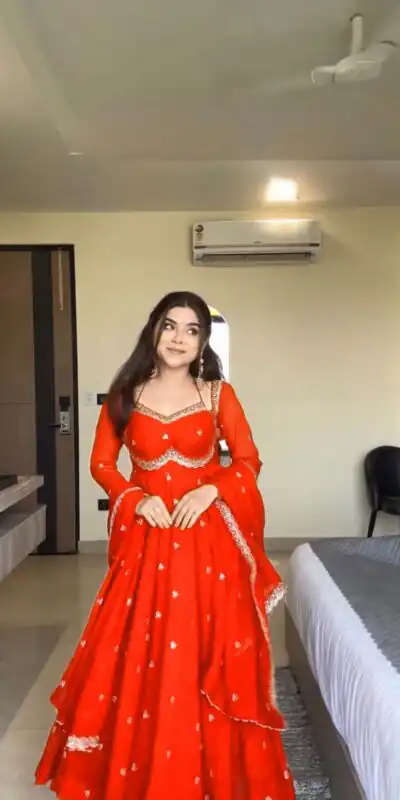 Orange Georgette Embroidery Work Gown