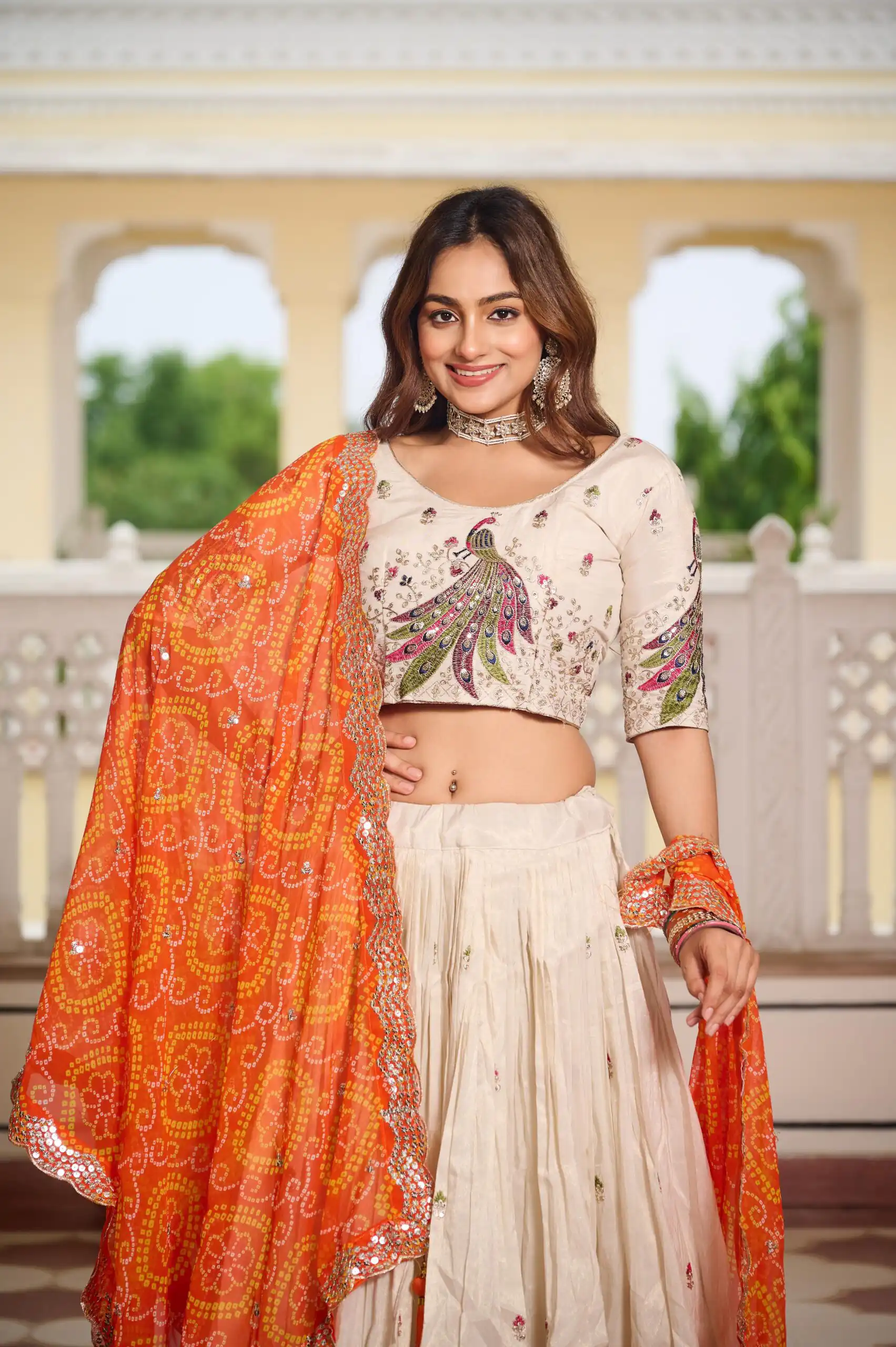 Orange Pure Tissue Silk Embroidery Work Lehenga Choli
